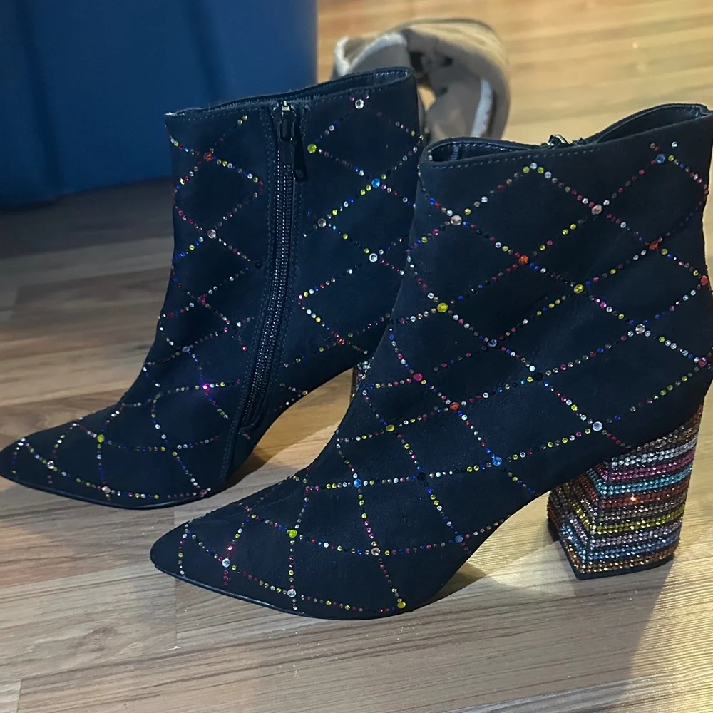 Black Quilted Rhinestone Ankle Boots with Beaded Block Heel